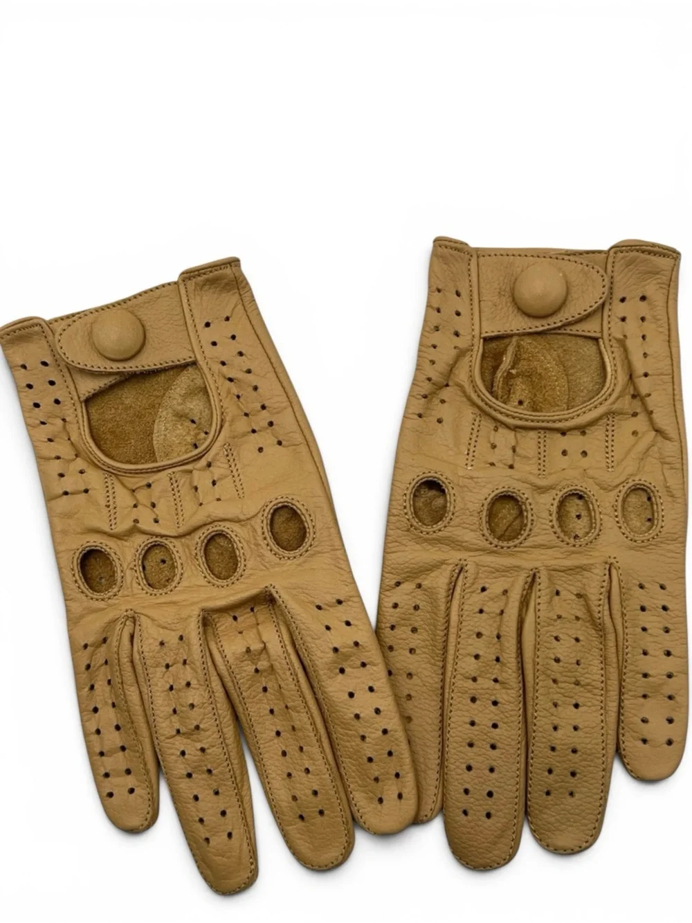 Tan Leather Gloves Full Finger Retro Moto Driving Style Snap Wrist Unisex Medium